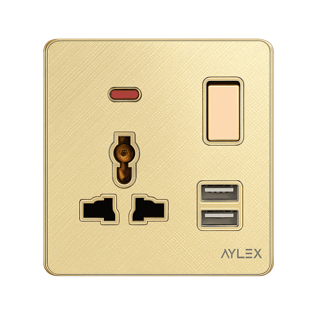 Universal yuva+indiqator+açar+2usb 16A K2 akrilik qızılı Aylex